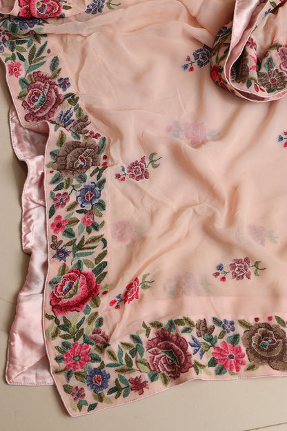 Peach Hand Embroidered Parsi Georgette Flower Design Petit Point Work Dupatta - Luxurion World