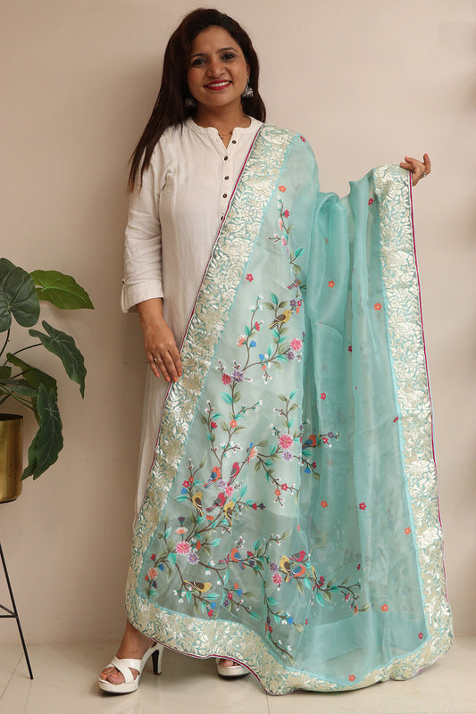 Blue Embroidered Parsi Organza Flower And Bird Design Hand Painted Dupatta - Luxurion World