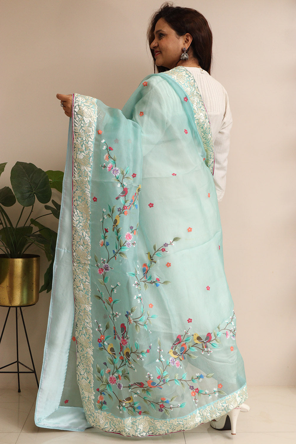 Blue Embroidered Parsi Organza Flower And Bird Design Hand Painted Dupatta - Luxurion World