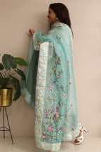 Blue Embroidered Parsi Organza Flower And Bird Design Hand Painted Dupatta - Luxurion World