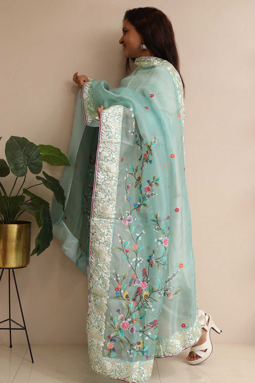Blue Embroidered Parsi Organza Flower And Bird Design Hand Painted Dupatta - Luxurion World