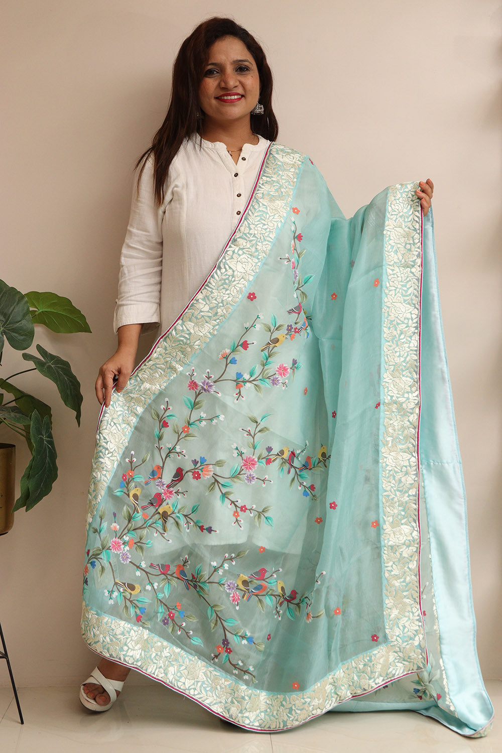 Blue Embroidered Parsi Organza Flower And Bird Design Hand Painted Dupatta - Luxurion World