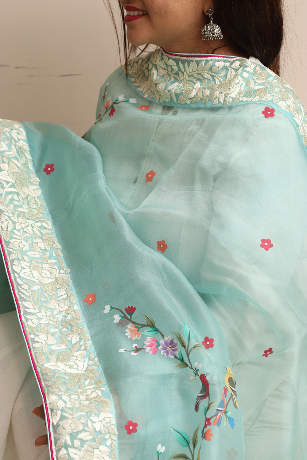 Blue Embroidered Parsi Organza Flower And Bird Design Hand Painted Dupatta - Luxurion World