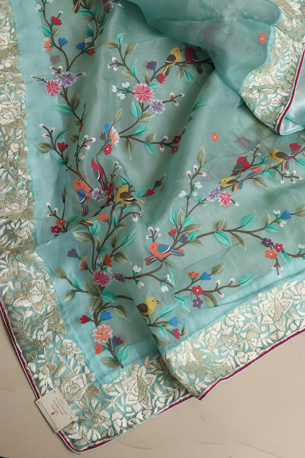 Blue Embroidered Parsi Organza Flower And Bird Design Hand Painted Dupatta - Luxurion World