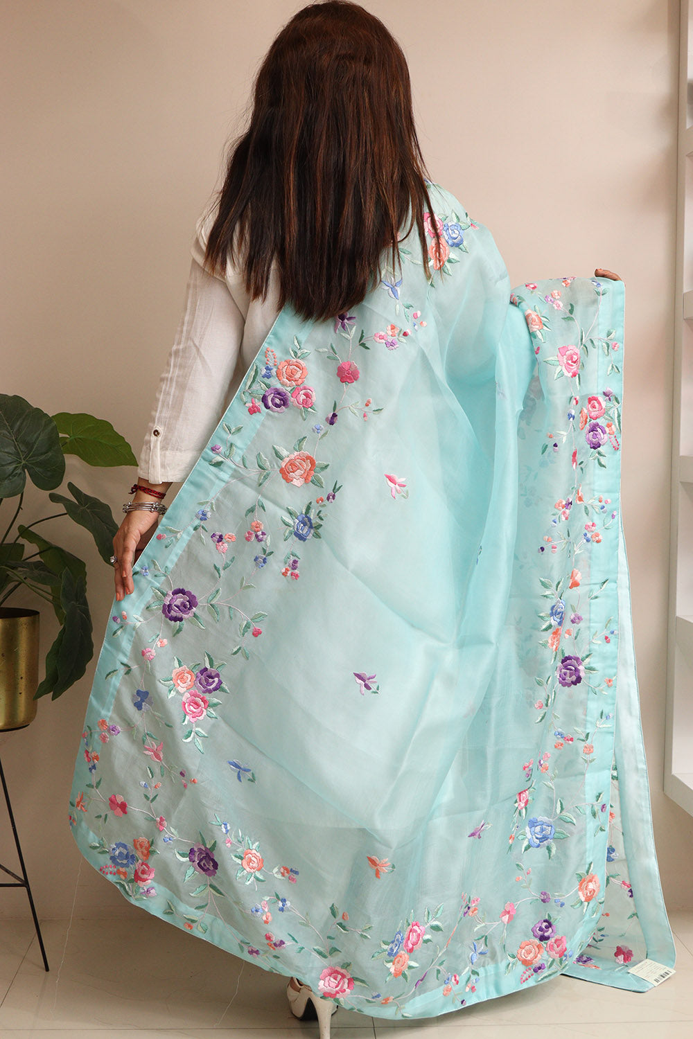 Blue Hand Embroidered Parsi Organza Flower Design Dupatta - Luxurion World
