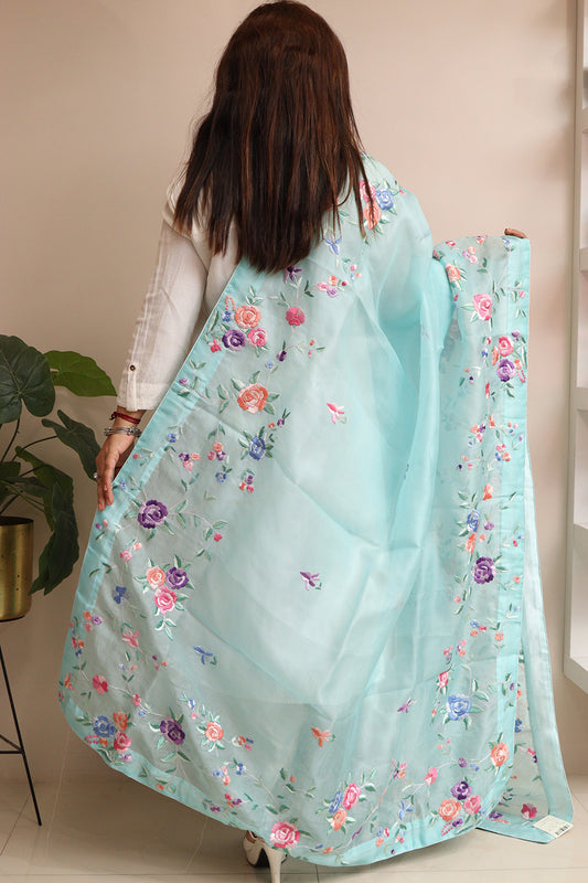 Blue Hand Embroidered Parsi Organza Flower Design Dupatta - Luxurion World