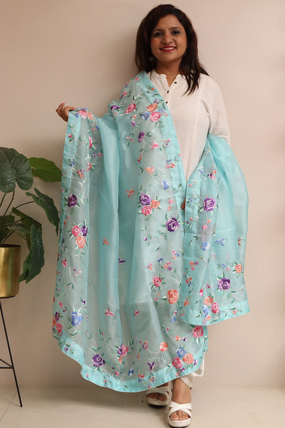 Blue Hand Embroidered Parsi Organza Flower Design Dupatta - Luxurion World