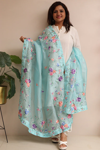 Blue Hand Embroidered Parsi Organza Flower Design Dupatta - Luxurion World