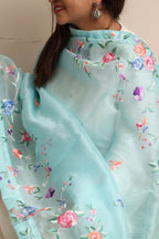 Blue Hand Embroidered Parsi Organza Flower Design Dupatta - Luxurion World