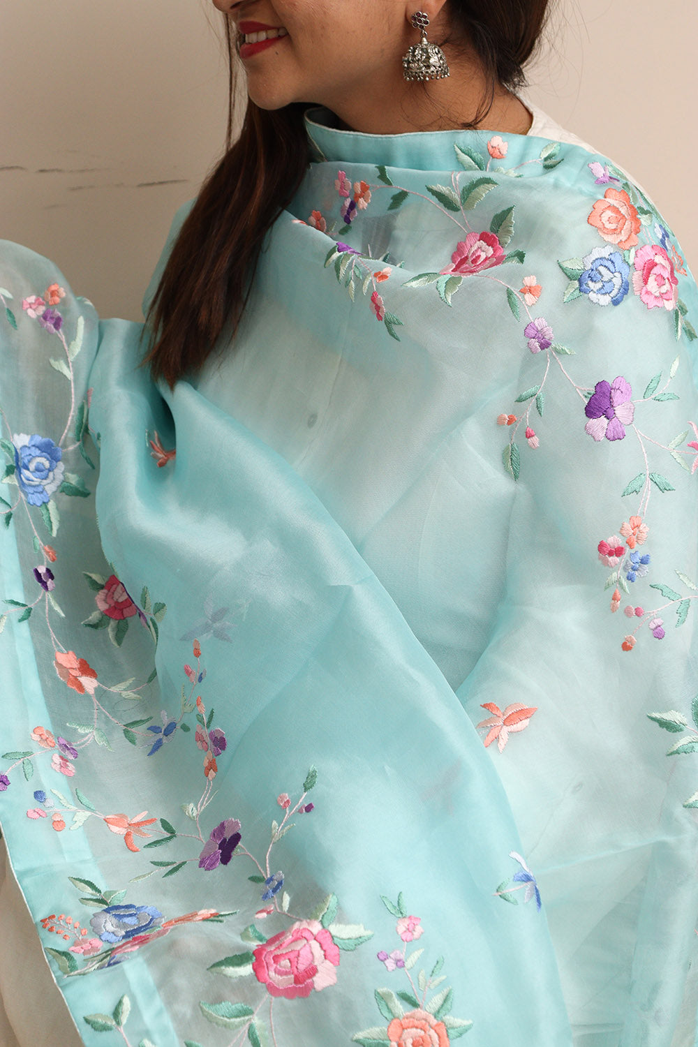 Blue Hand Embroidered Parsi Organza Flower Design Dupatta - Luxurion World