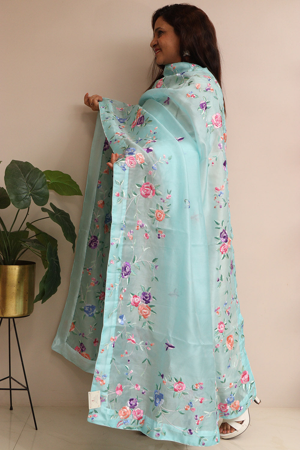 Blue Hand Embroidered Parsi Organza Flower Design Dupatta - Luxurion World