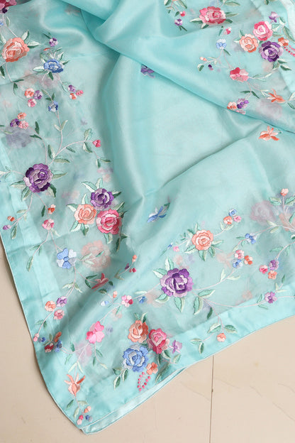 Blue Hand Embroidered Parsi Organza Flower Design Dupatta - Luxurion World