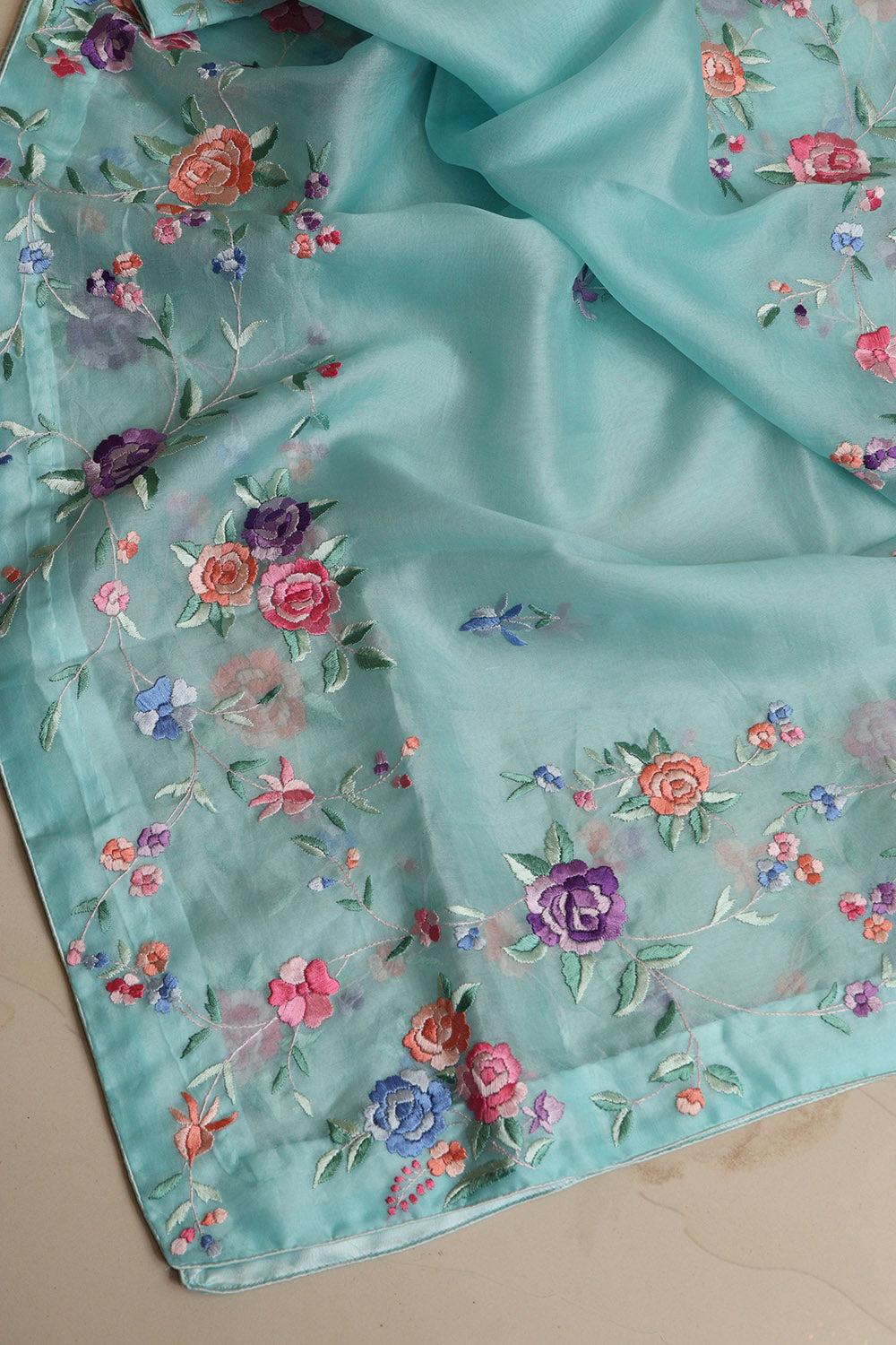 Blue Hand Embroidered Parsi Organza Flower Design Dupatta - Luxurion World