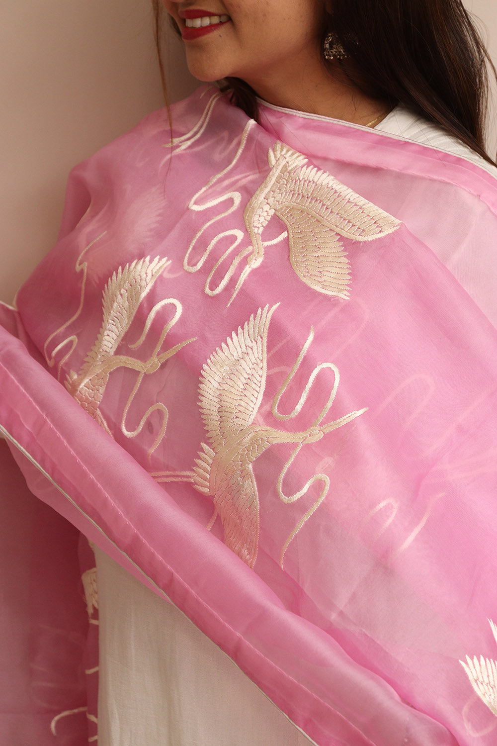 Pink Hand Embroidered Parsi Organza Bird Design Dupatta - Luxurion World