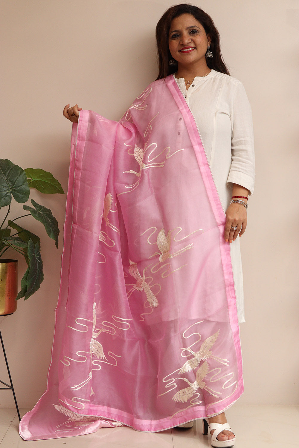 Pink Hand Embroidered Parsi Organza Bird Design Dupatta - Luxurion World