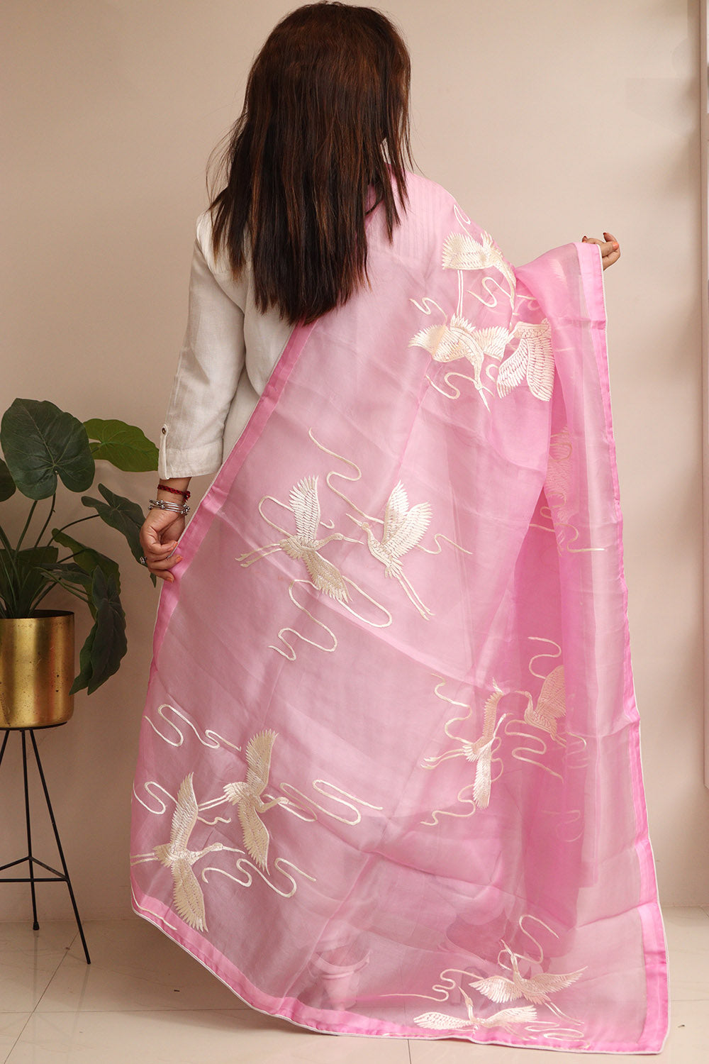 Pink Hand Embroidered Parsi Organza Bird Design Dupatta - Luxurion World