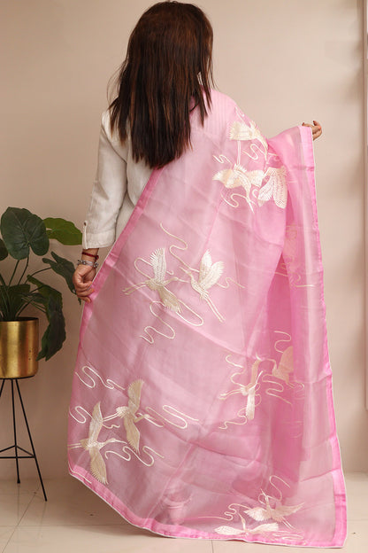 Pink Hand Embroidered Parsi Organza Bird Design Dupatta - Luxurion World