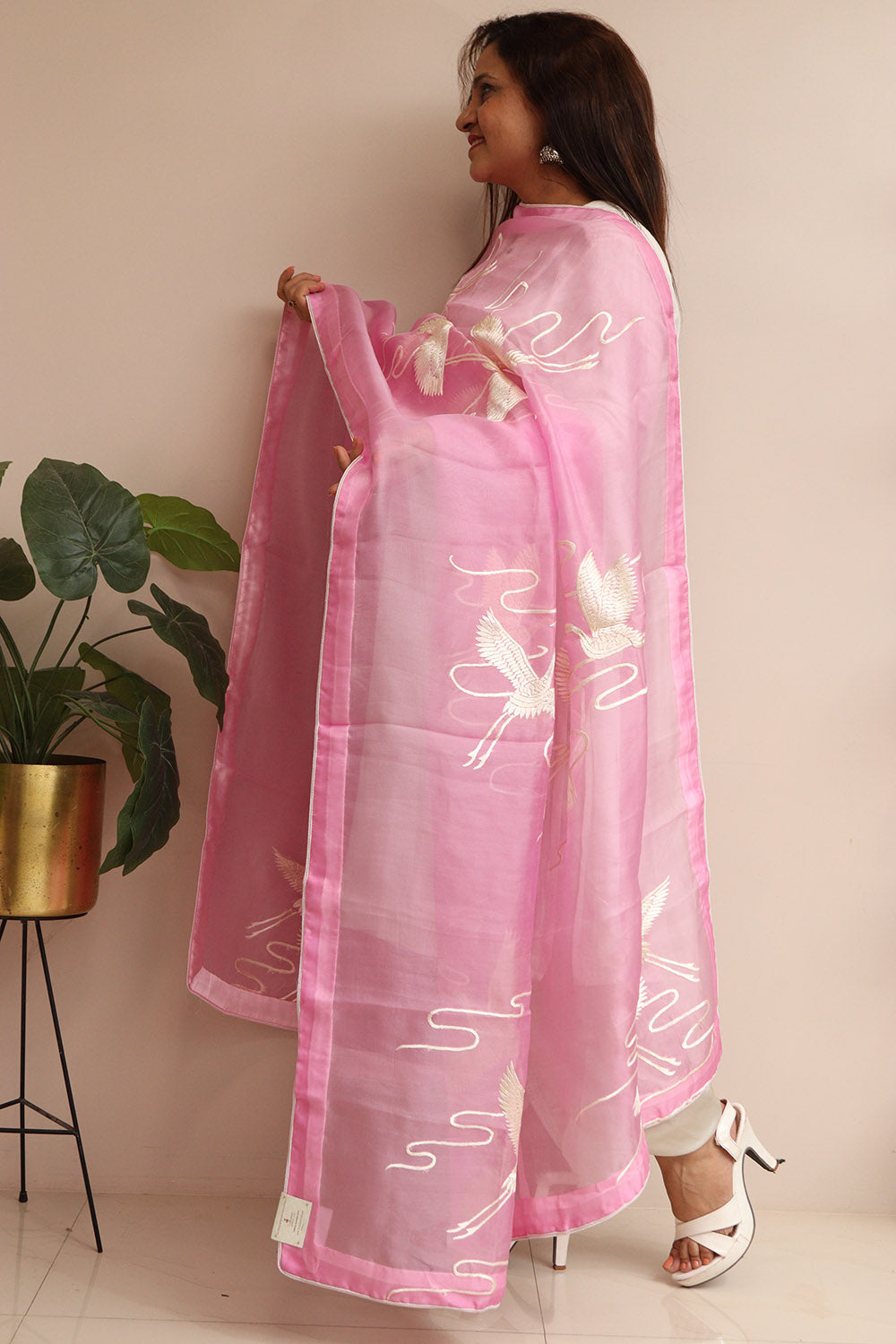 Pink Hand Embroidered Parsi Organza Bird Design Dupatta - Luxurion World