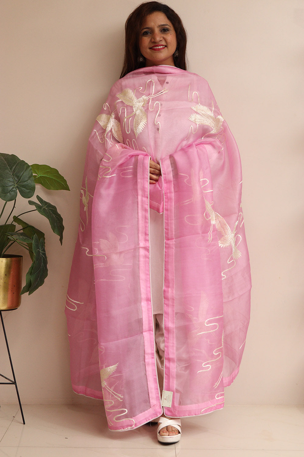Pink Hand Embroidered Parsi Organza Bird Design Dupatta - Luxurion World