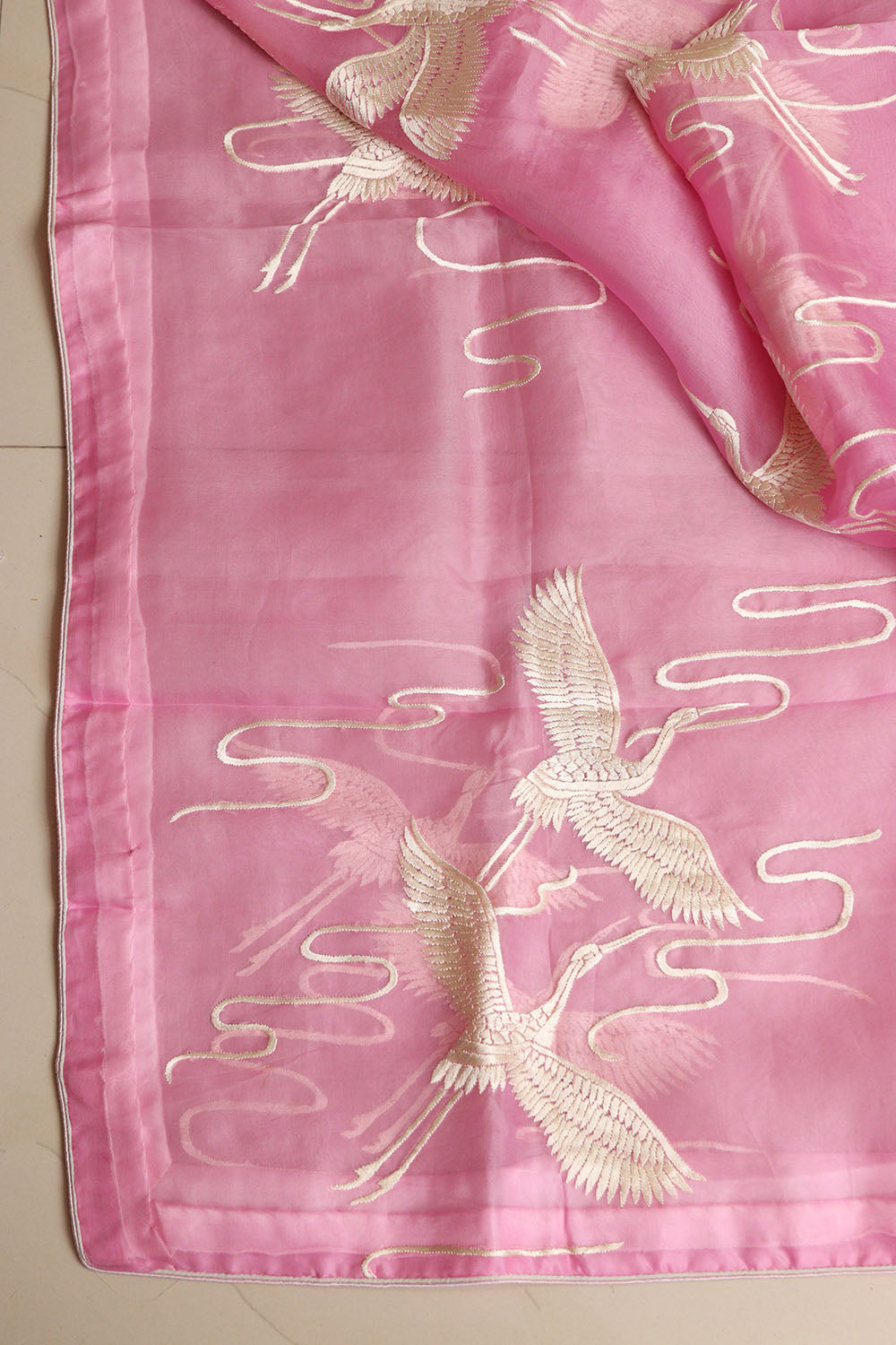 Pink Hand Embroidered Parsi Organza Bird Design Dupatta - Luxurion World