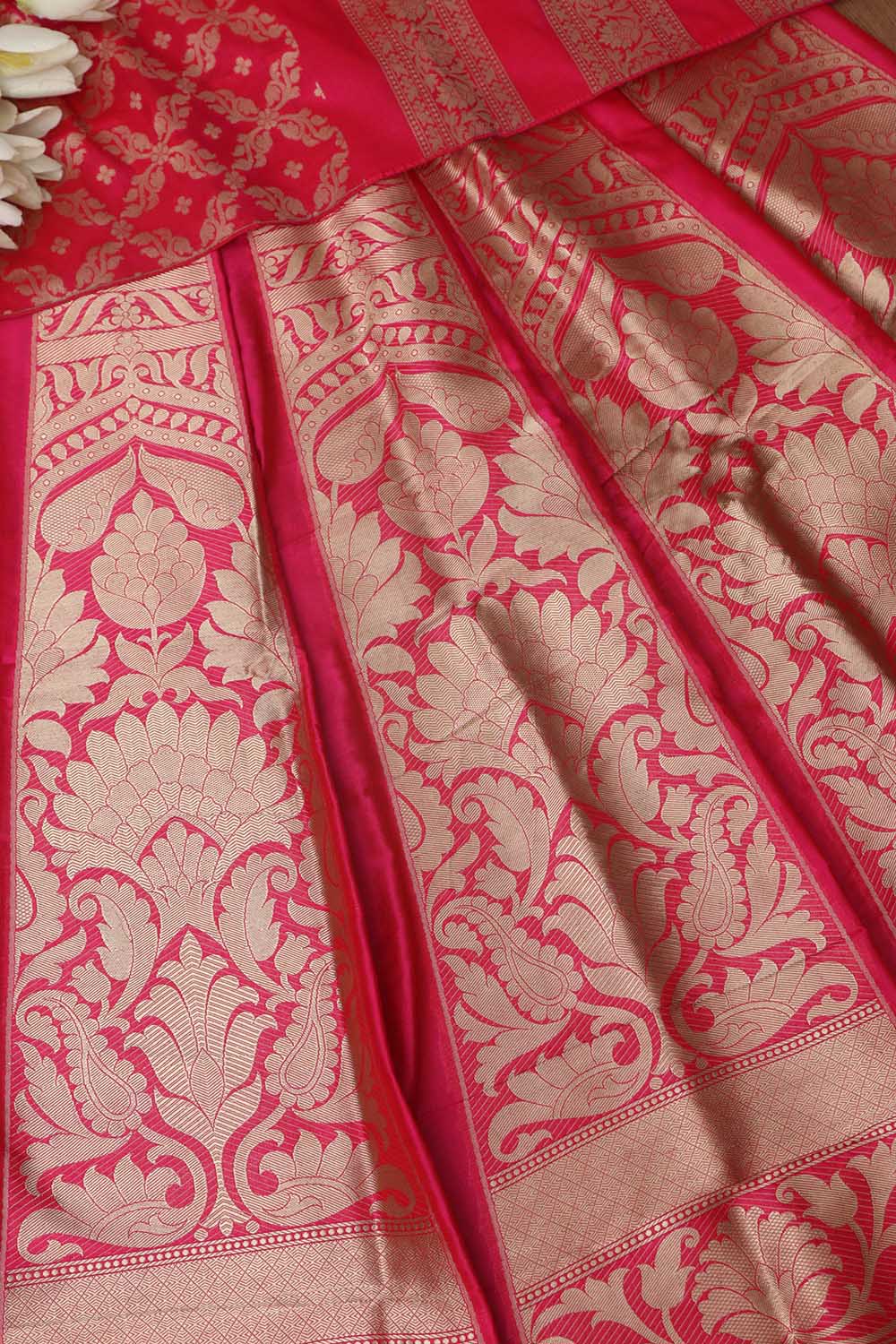 Exquisite Pink Banarasi Pure Katan Silk Unstitched Flower Design Lehenga Set - Luxurion World