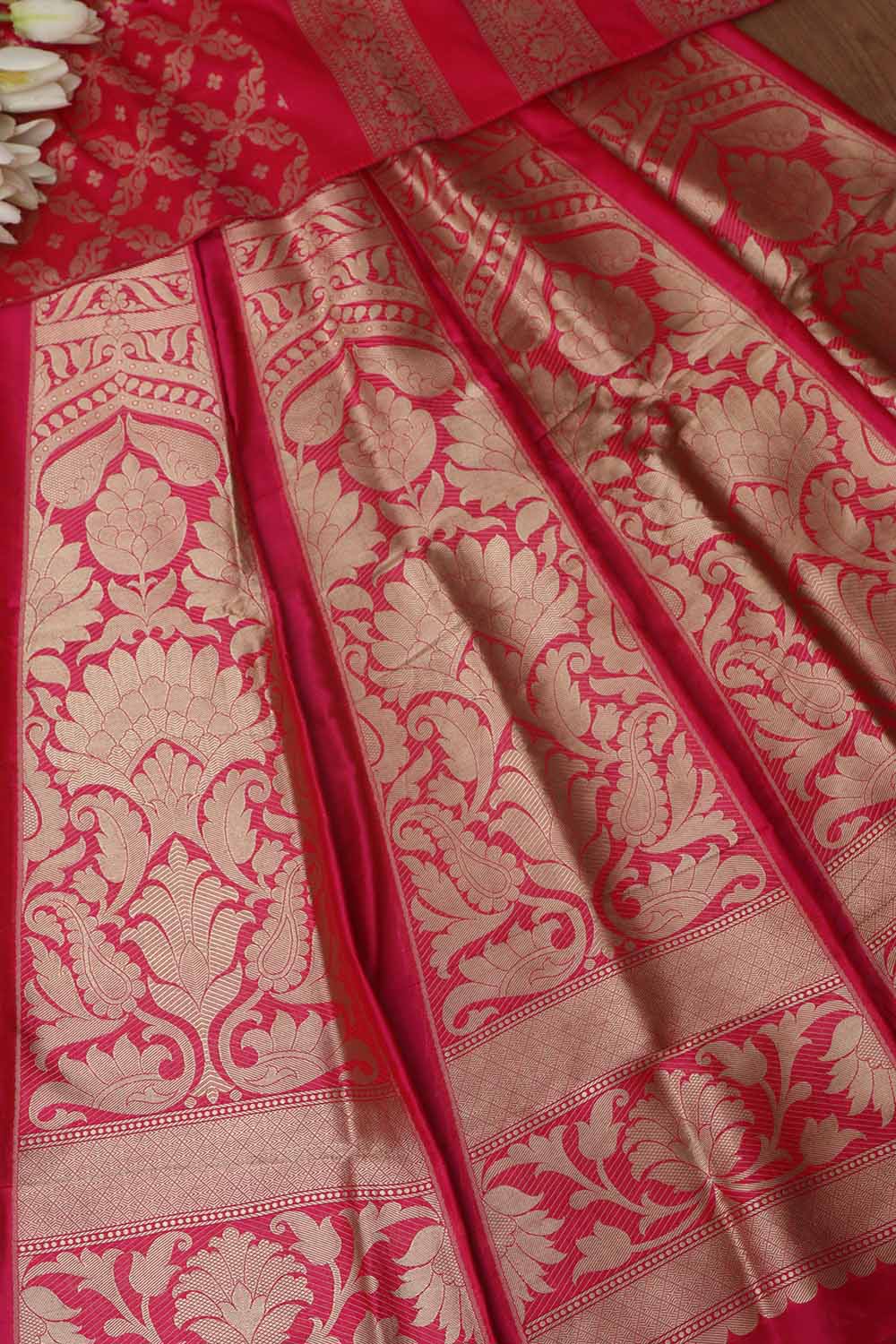 Exquisite Pink Banarasi Pure Katan Silk Unstitched Flower Design Lehenga Set - Luxurion World