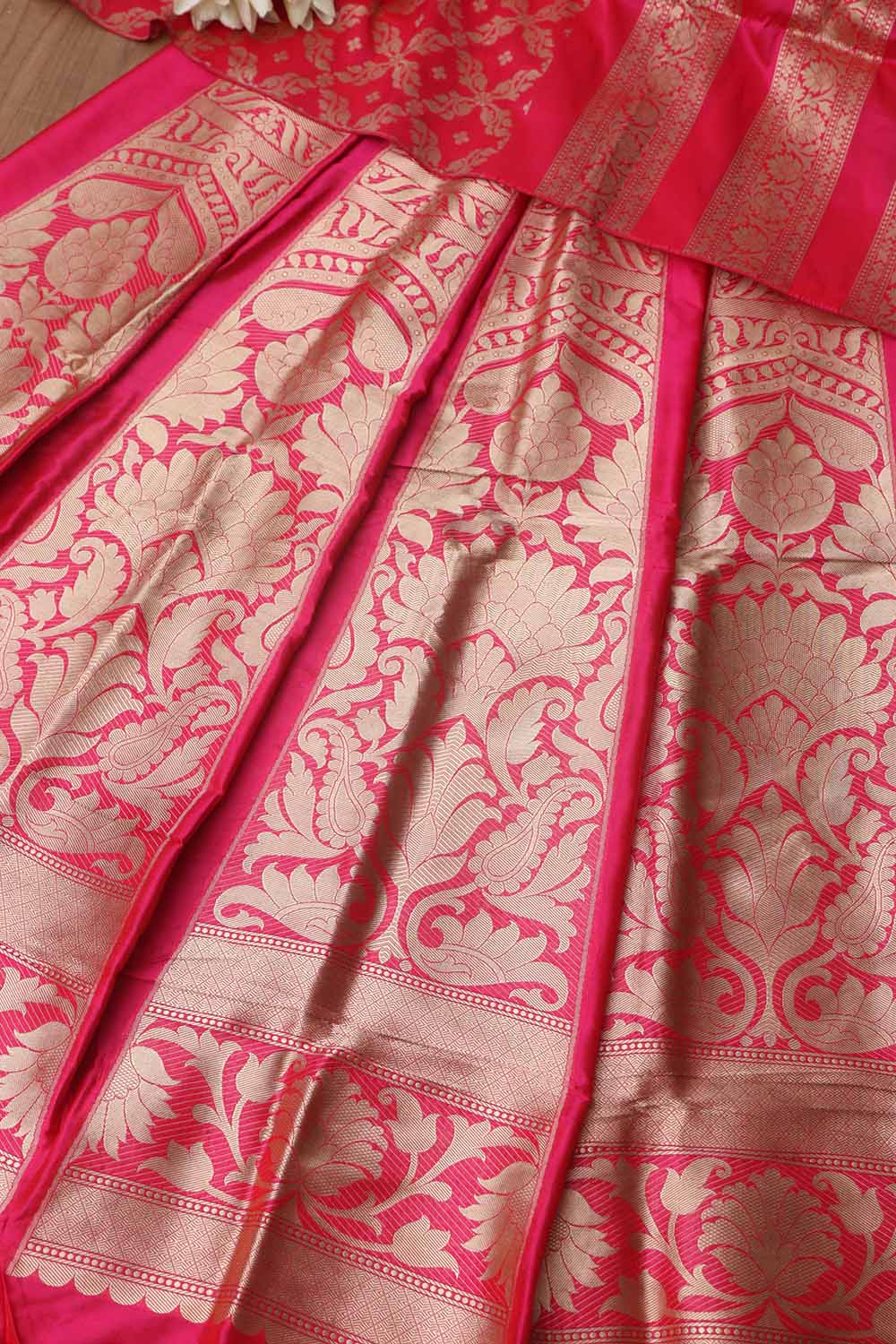 Exquisite Pink Banarasi Pure Katan Silk Unstitched Flower Design Lehenga Set - Luxurion World