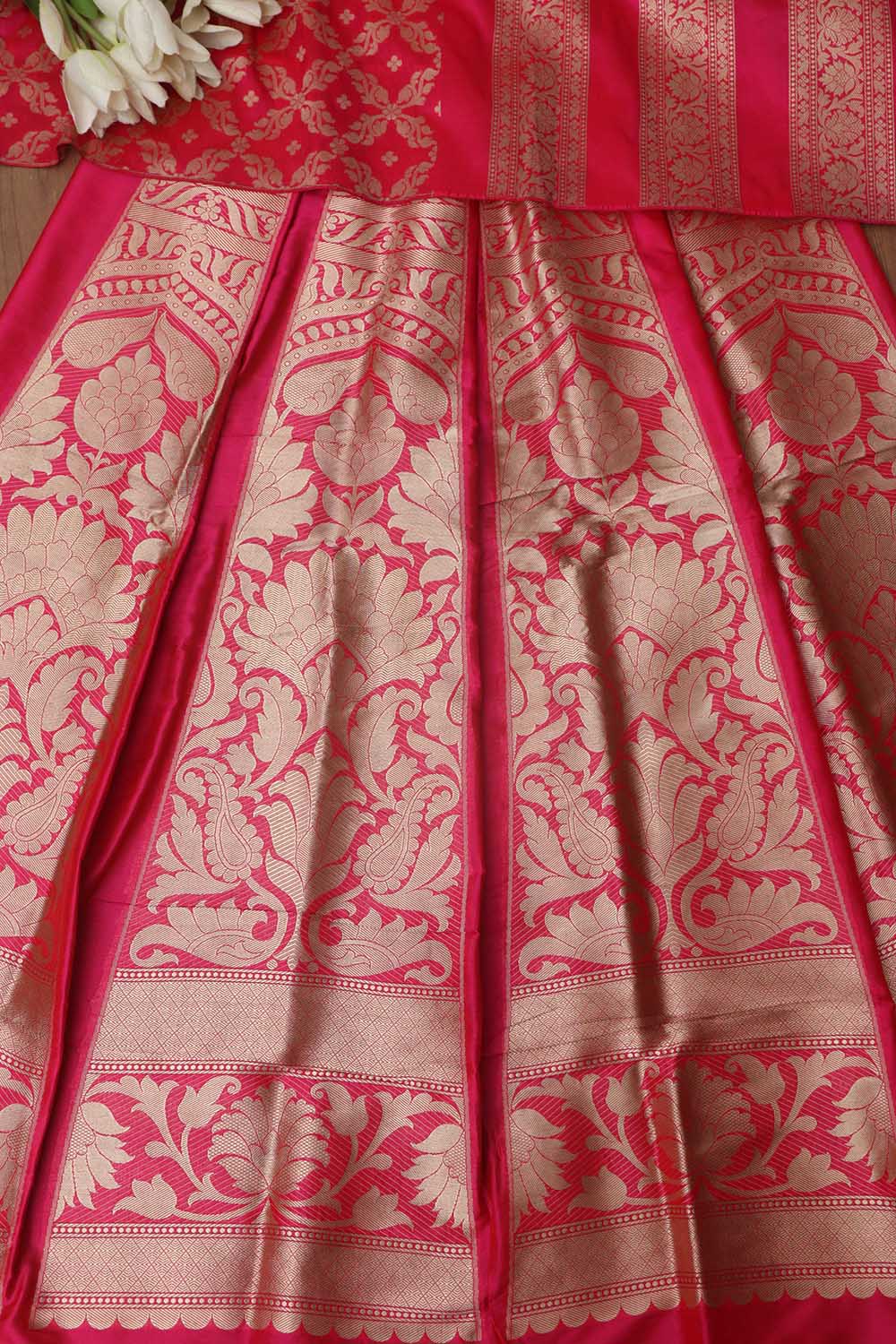 Exquisite Pink Banarasi Pure Katan Silk Unstitched Flower Design Lehenga Set - Luxurion World