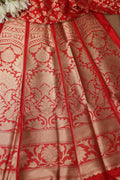 Exquisite Red Banarasi Pure Katan Silk Unstitched Flower Design Lehenga Set - Luxurion World