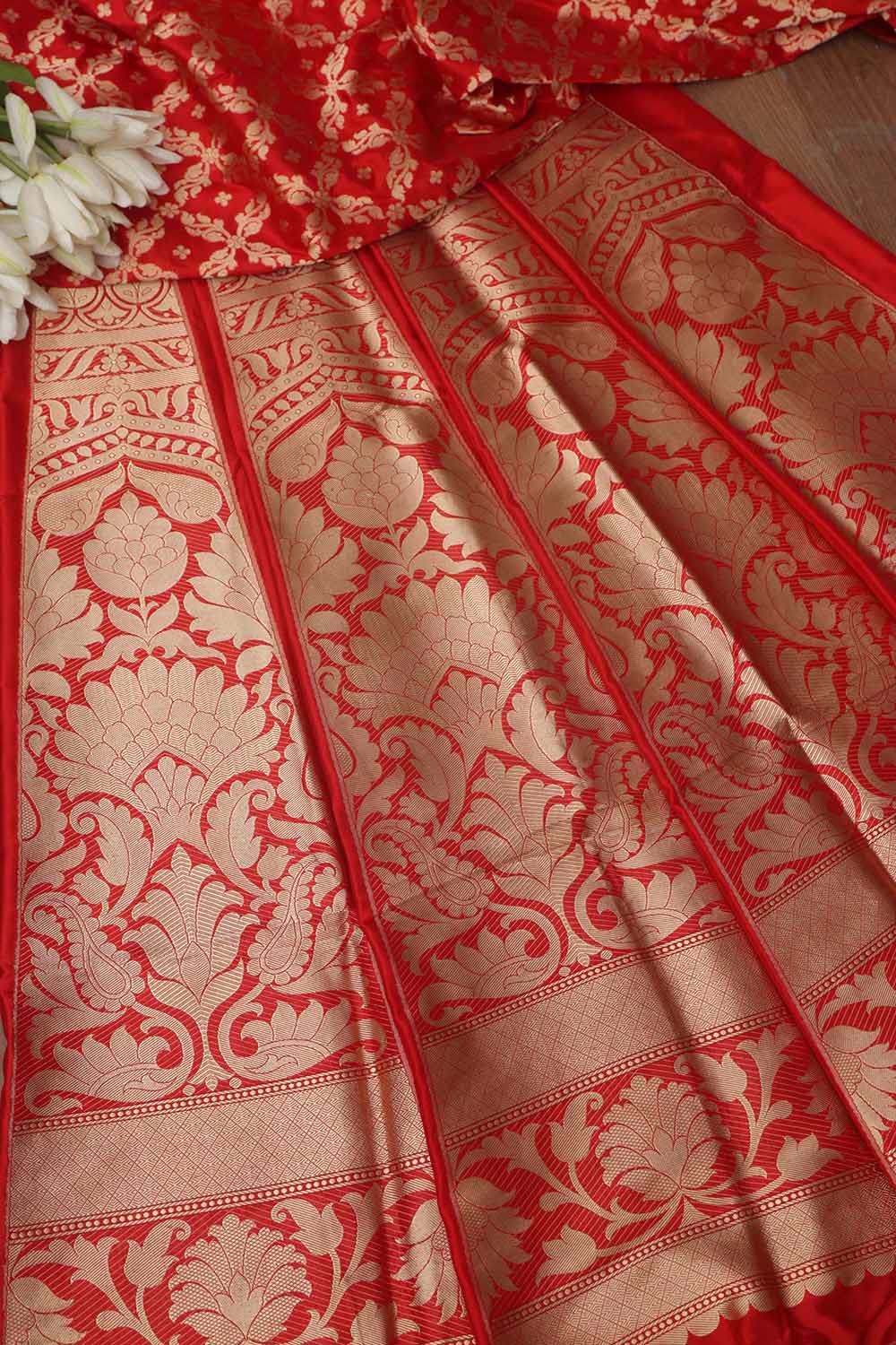 Exquisite Red Banarasi Pure Katan Silk Unstitched Flower Design Lehenga Set - Luxurion World