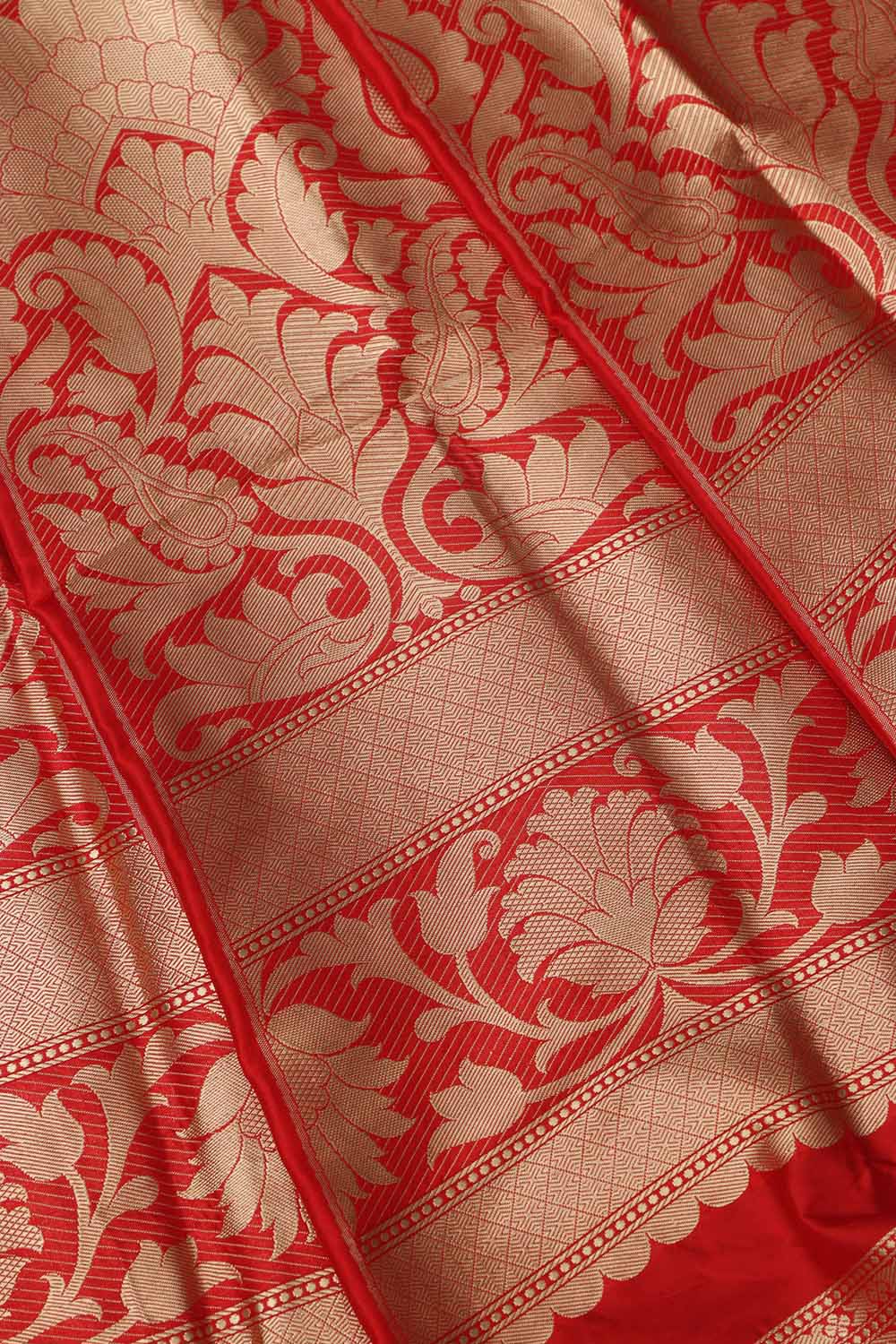 Exquisite Red Banarasi Pure Katan Silk Unstitched Flower Design Lehenga Set - Luxurion World