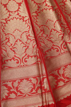 Exquisite Red Banarasi Pure Katan Silk Unstitched Flower Design Lehenga Set - Luxurion World