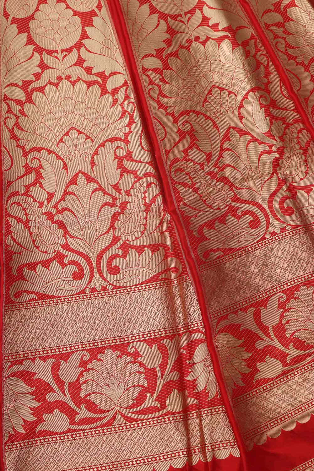 Exquisite Red Banarasi Pure Katan Silk Unstitched Flower Design Lehenga Set - Luxurion World
