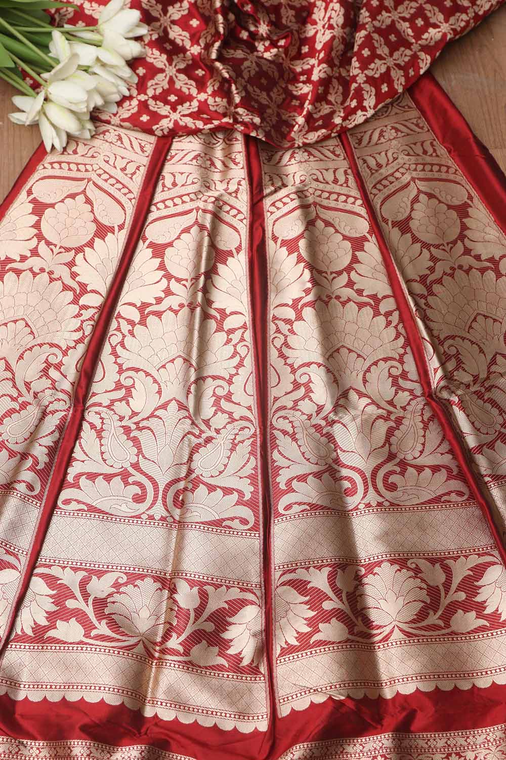 Exquisite Maroon Banarasi Pure Katan Silk Unstitched Flower Design Lehenga Set - Luxurion World