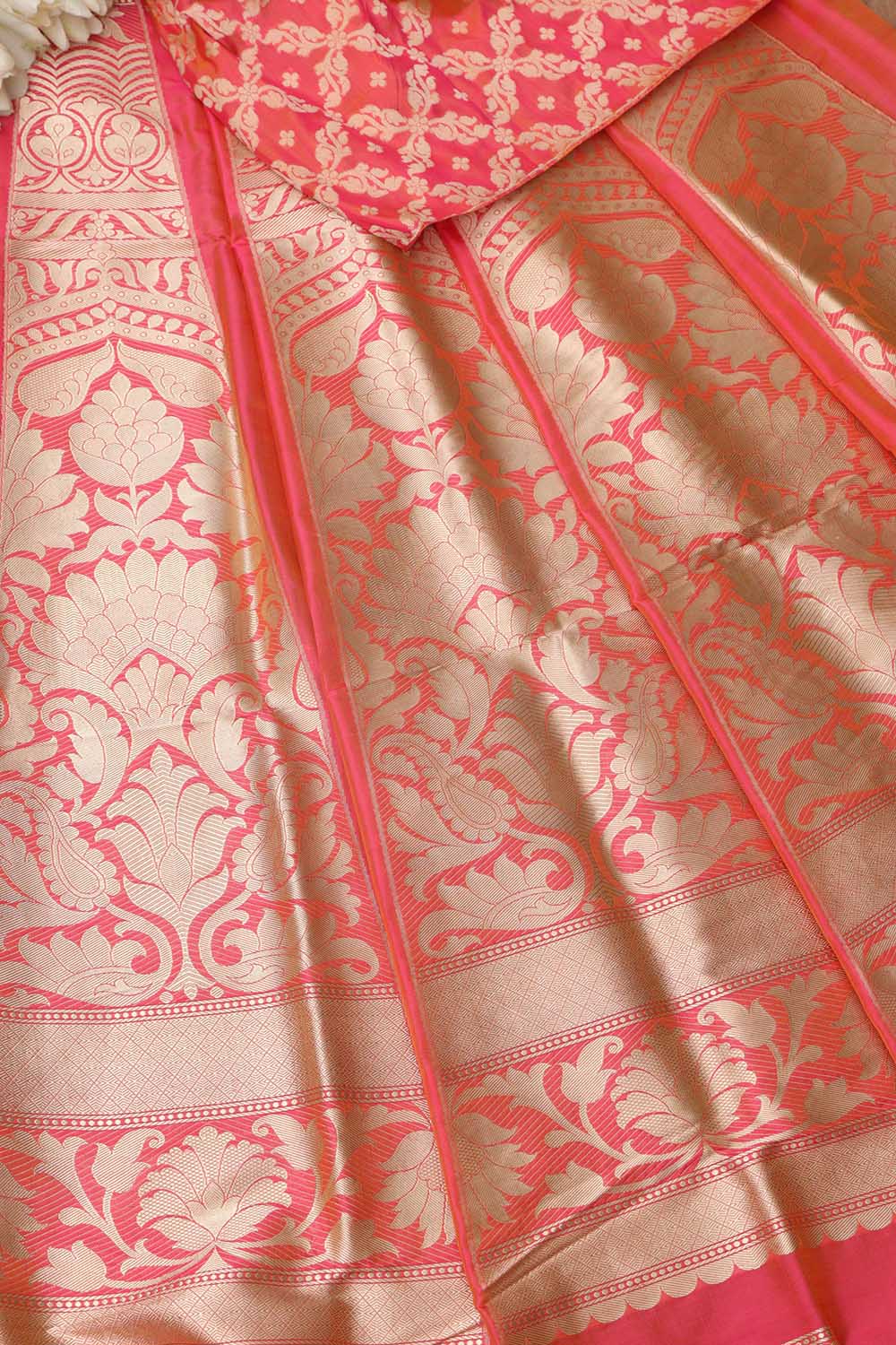 Peach Banarasi Pure Katan Silk Unstitched Flower Design Lehenga Set - Luxurion World