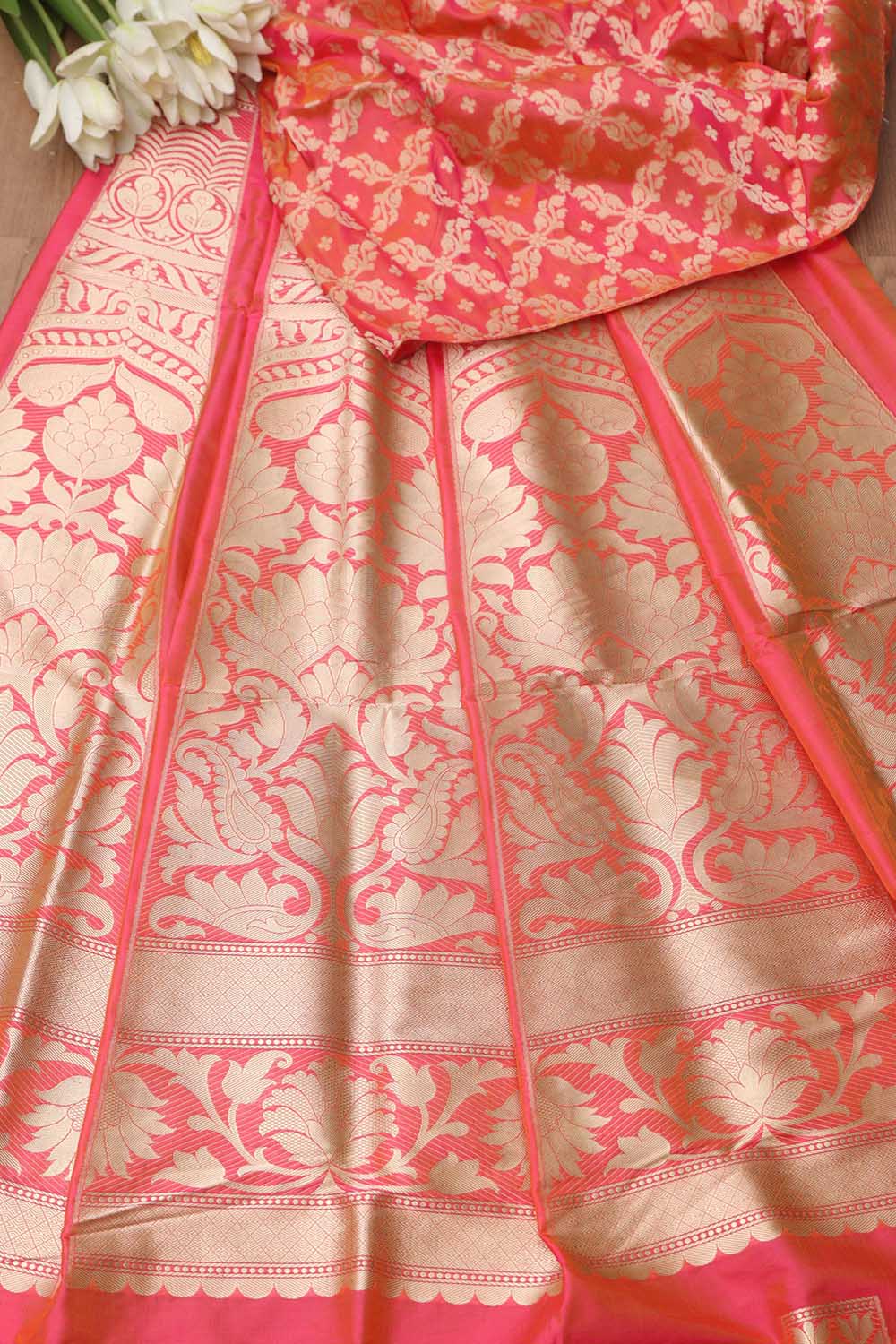 Peach Banarasi Pure Katan Silk Unstitched Flower Design Lehenga Set - Luxurion World