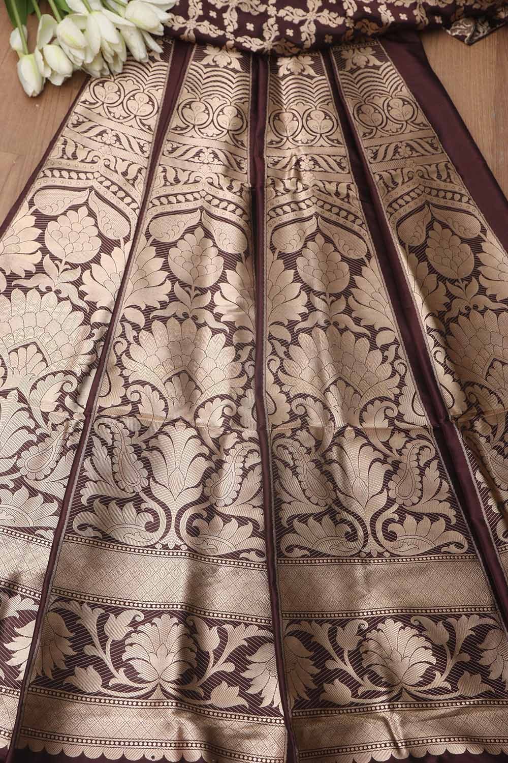 Elegant Brown Banarasi Pure Katan Silk Unstitched Flower Design Lehenga Set - Luxurion World