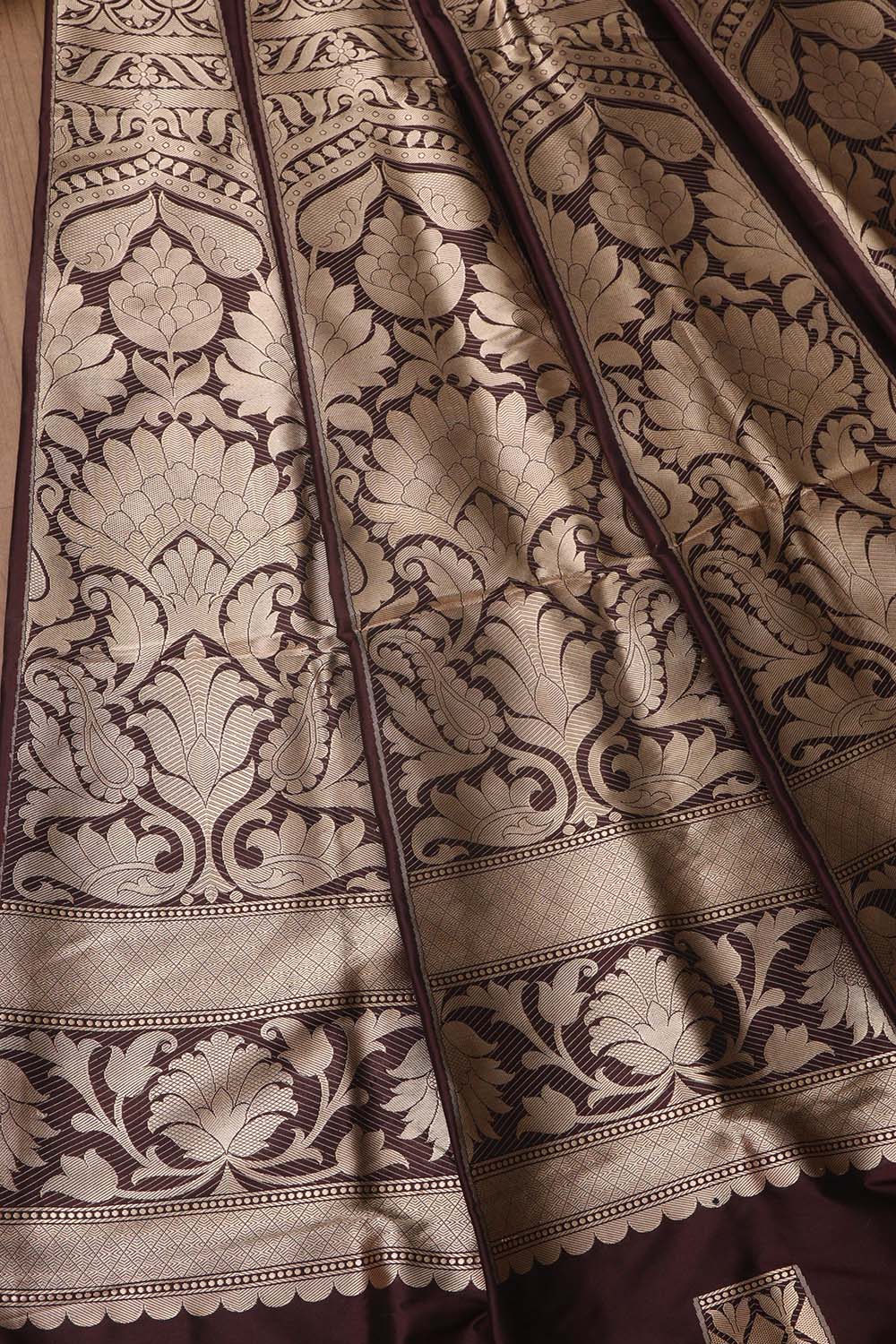 Elegant Brown Banarasi Pure Katan Silk Unstitched Flower Design Lehenga Set - Luxurion World