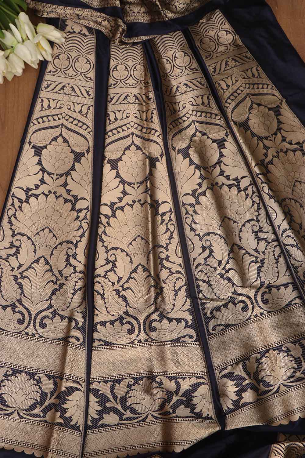 Elegant Dark Blue Banarasi Pure Katan Silk Unstitched Flower Design Lehenga Set - Luxurion World
