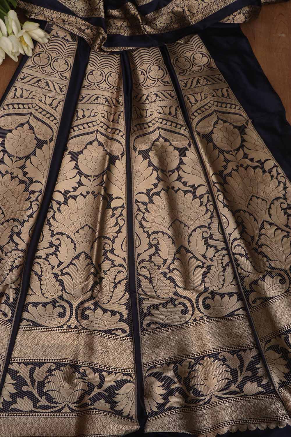 Elegant Dark Blue Banarasi Pure Katan Silk Unstitched Flower Design Lehenga Set - Luxurion World