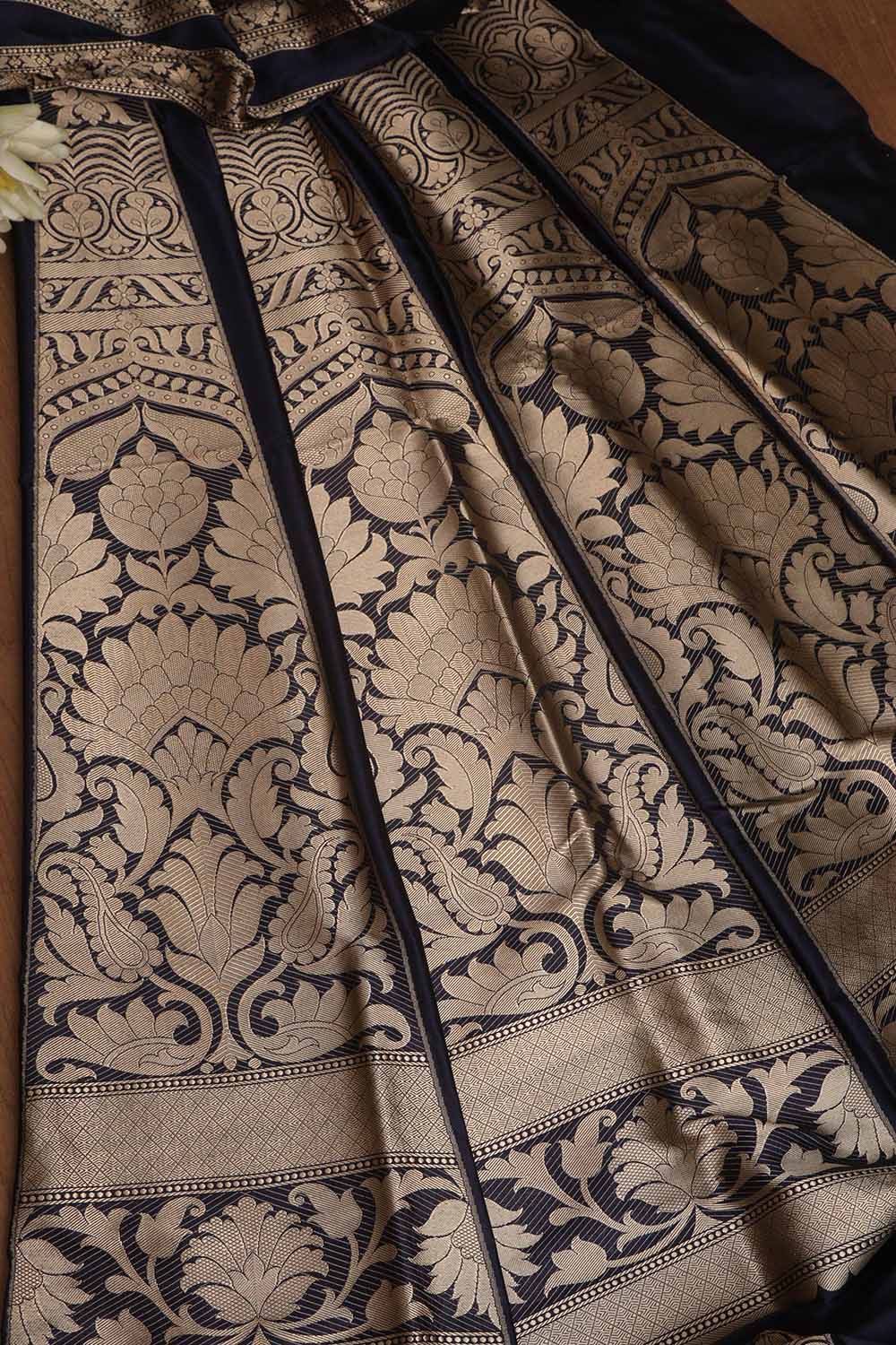 Elegant Dark Blue Banarasi Pure Katan Silk Unstitched Flower Design Lehenga Set - Luxurion World