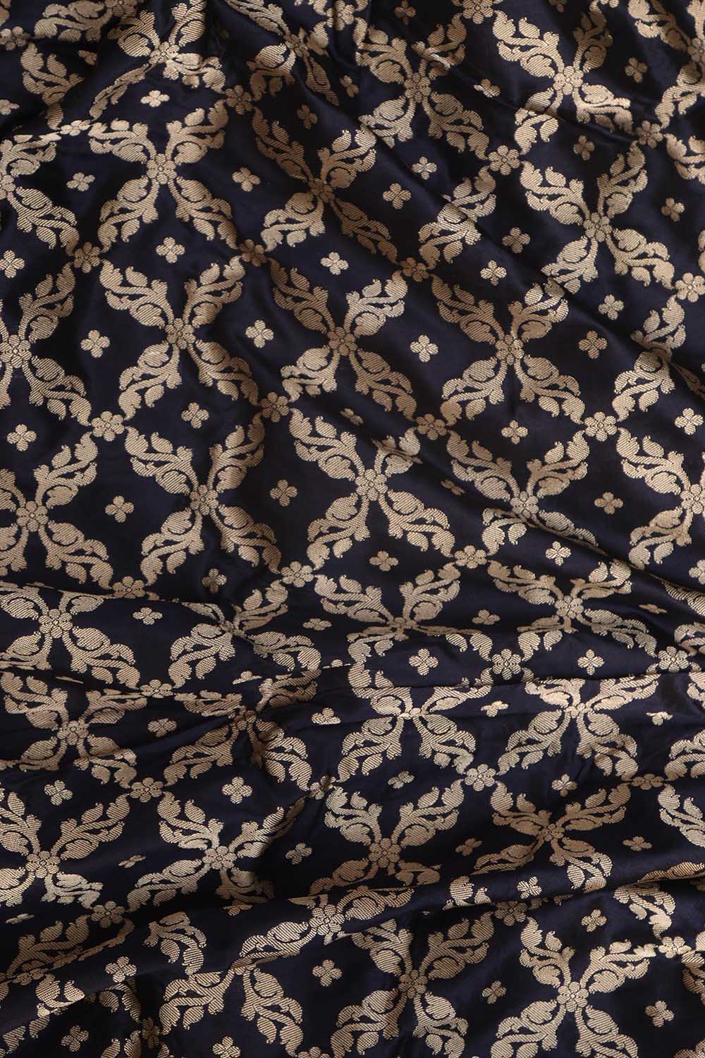 Elegant Dark Blue Banarasi Pure Katan Silk Unstitched Flower Design Lehenga Set - Luxurion World