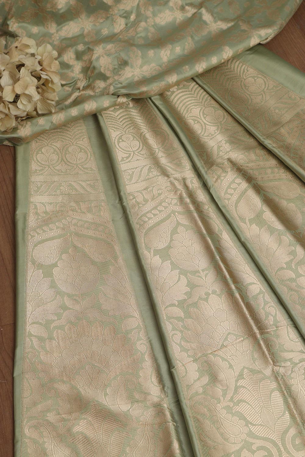 Pista Green Banarasi Pure Katan Silk Unstitched Flower Design Lehenga Set - Luxurion World
