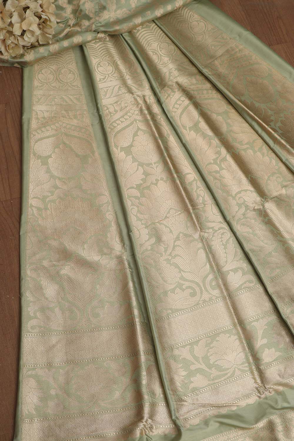 Pista Green Banarasi Pure Katan Silk Unstitched Flower Design Lehenga Set - Luxurion World