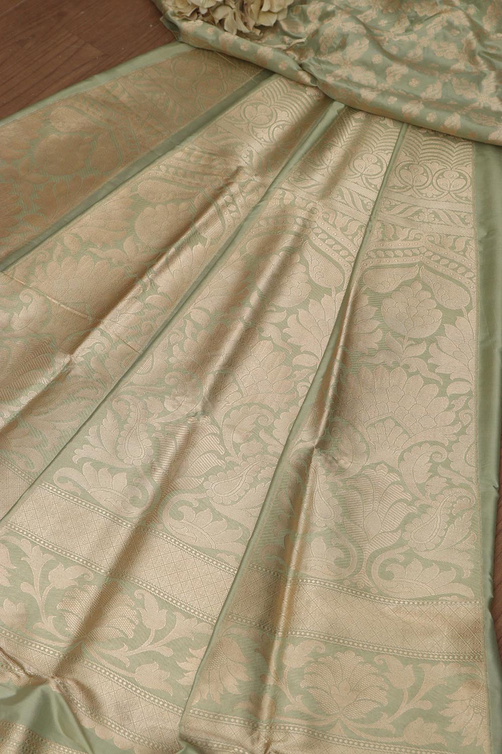 Pista Green Banarasi Pure Katan Silk Unstitched Flower Design Lehenga Set - Luxurion World