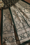 Dark Green Banarasi Pure Katan Silk Unstitched Flower Design Lehenga Set - Luxurion World