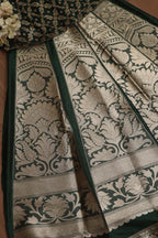 Dark Green Banarasi Pure Katan Silk Unstitched Flower Design Lehenga Set - Luxurion World