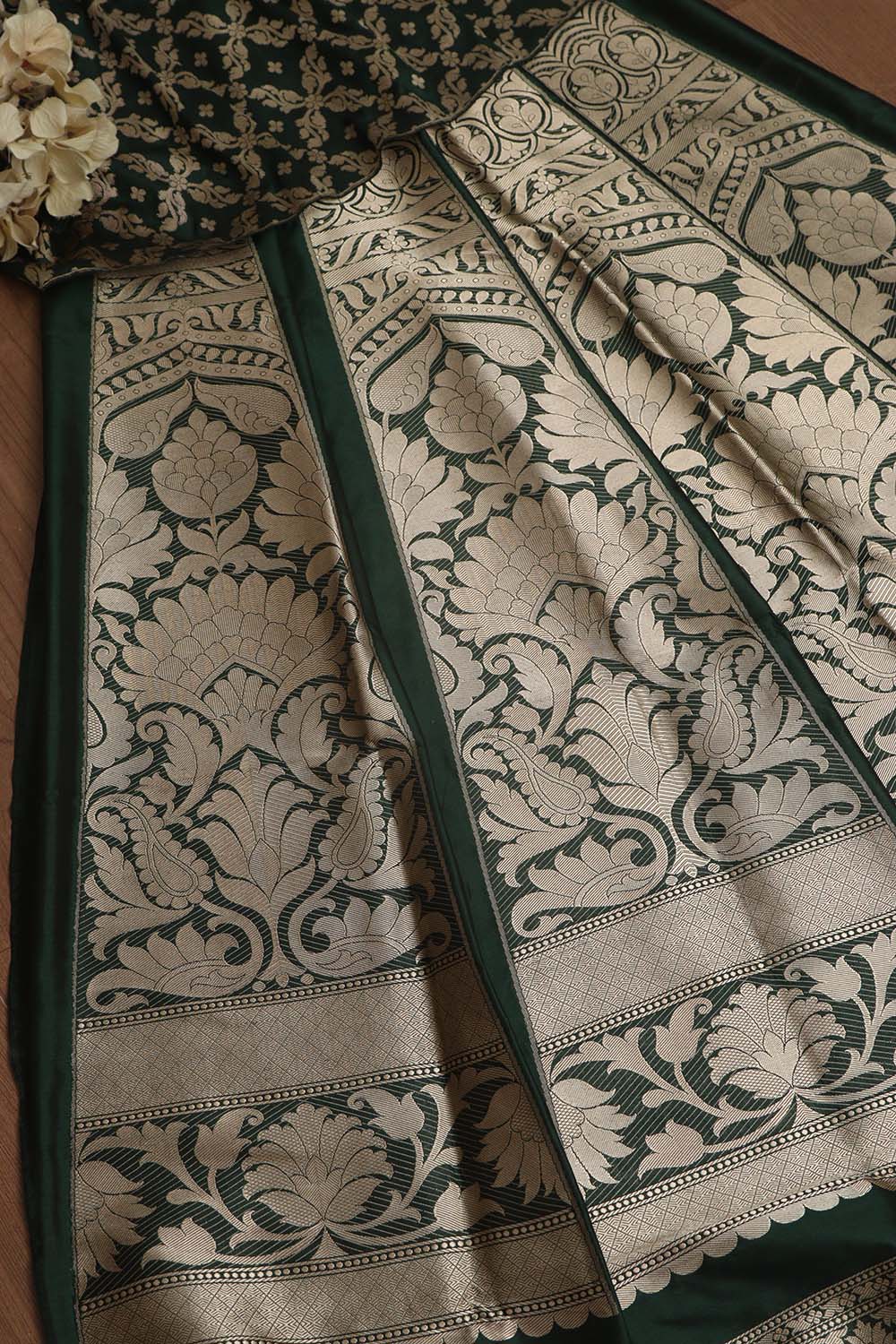 Dark Green Banarasi Pure Katan Silk Unstitched Flower Design Lehenga Set - Luxurion World