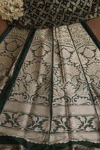 Dark Green Banarasi Pure Katan Silk Unstitched Flower Design Lehenga Set - Luxurion World