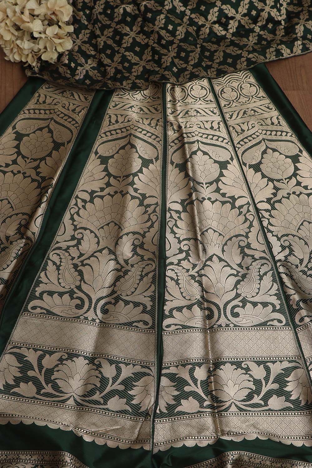 Dark Green Banarasi Pure Katan Silk Unstitched Flower Design Lehenga Set - Luxurion World